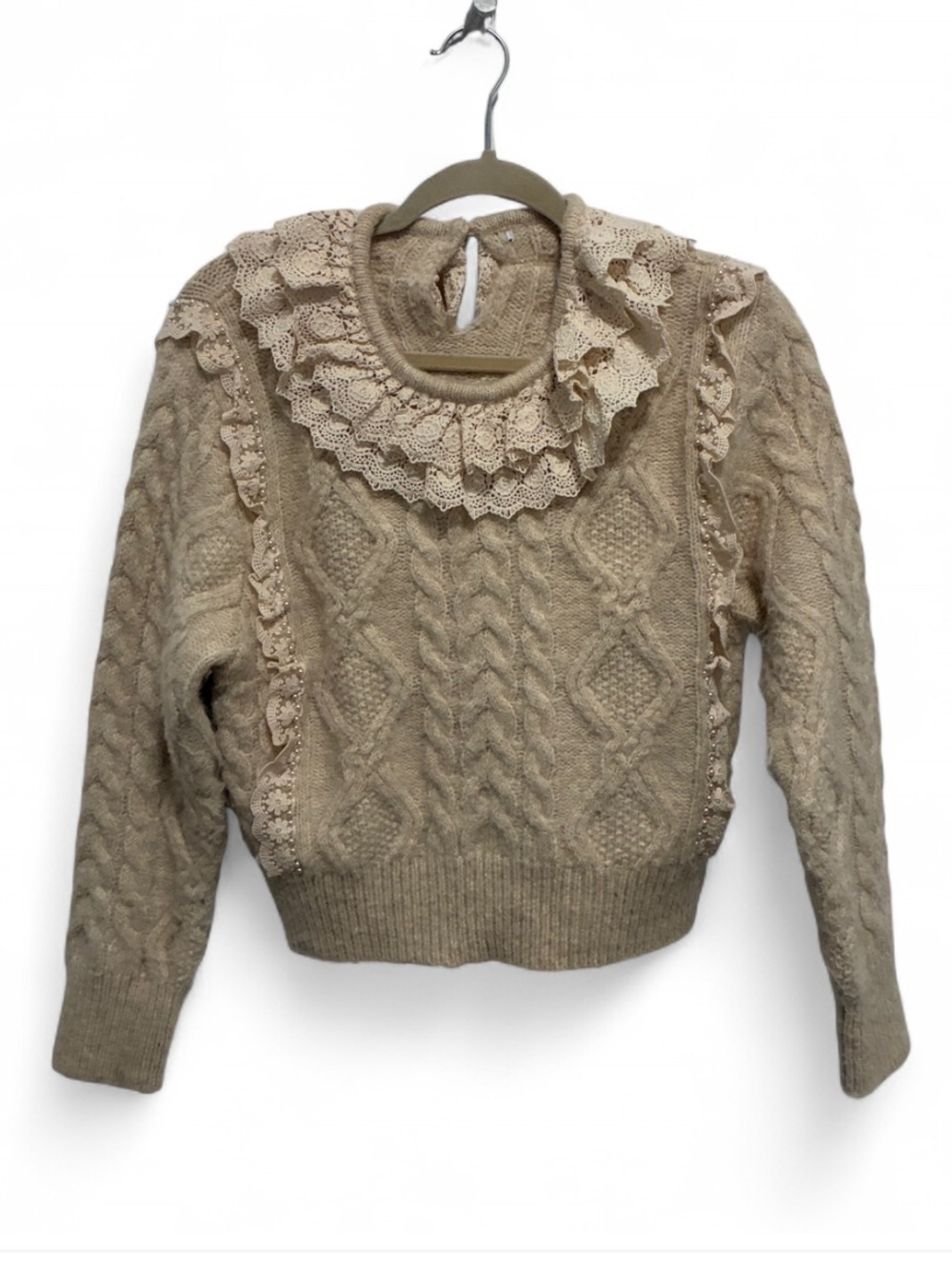 Coquette Girly Lace-Trim Cable Knit Sweater - Cream
